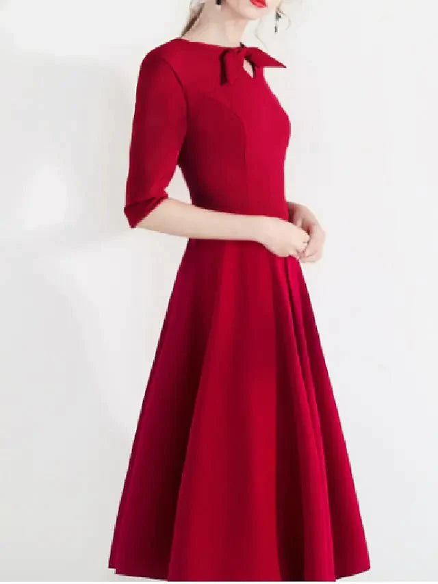 A-Line Bridesmaid Dress Jewel Neck Half Sleeve Elegant Tea Length Satin with Bow(s) / Pleats - RongMoon