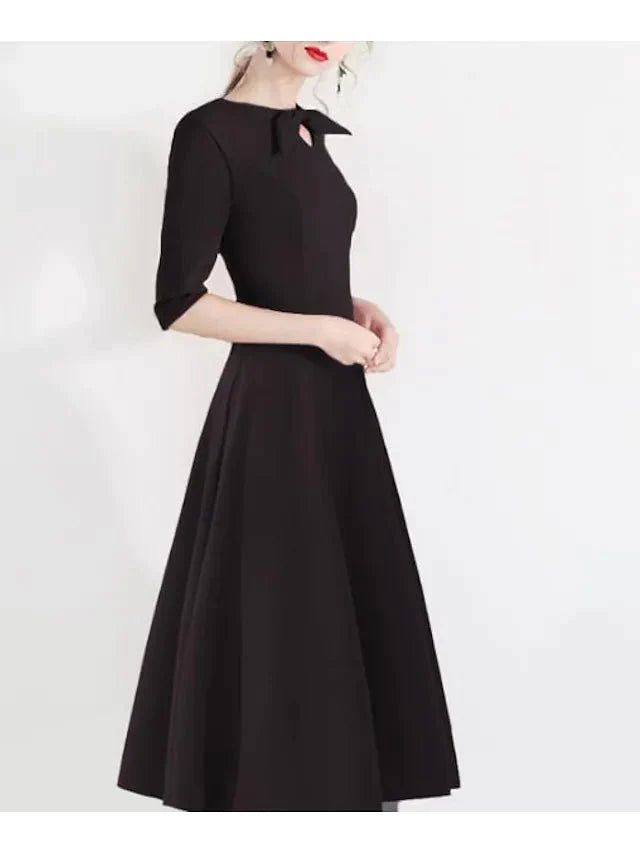 A-Line Bridesmaid Dress Jewel Neck Half Sleeve Elegant Tea Length Satin with Bow(s) / Pleats - RongMoon