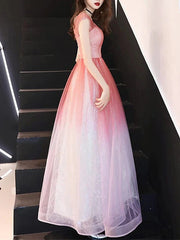 A-Line Bridesmaid Dress Jewel Neck Short Sleeve Color Block Floor Length Tulle with Sequin - RongMoon