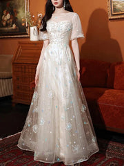 A-Line Bridesmaid Dress Jewel Neck Short Sleeve Elegant Floor Length Lace / Tulle with Appliques - RongMoon