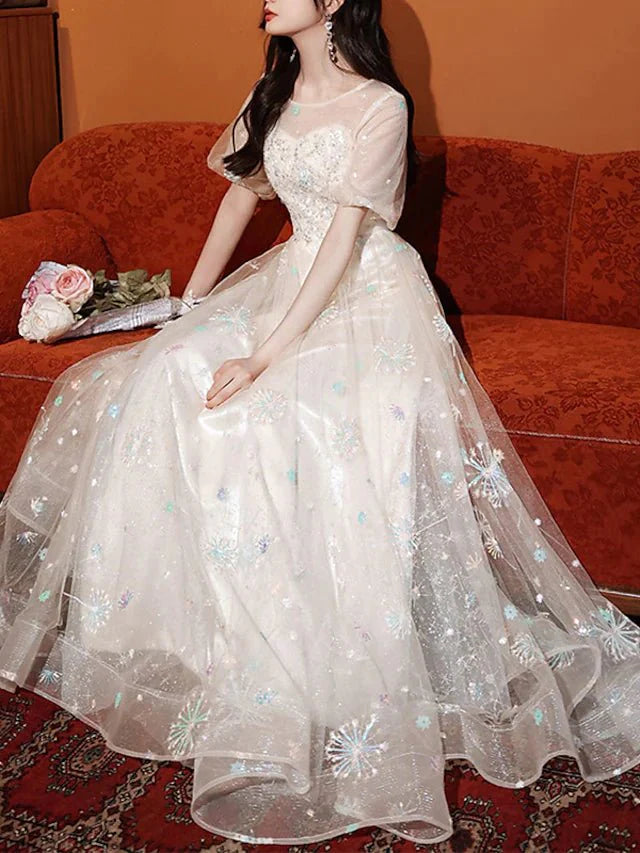 A-Line Bridesmaid Dress Jewel Neck Short Sleeve Elegant Floor Length Lace / Tulle with Appliques - RongMoon