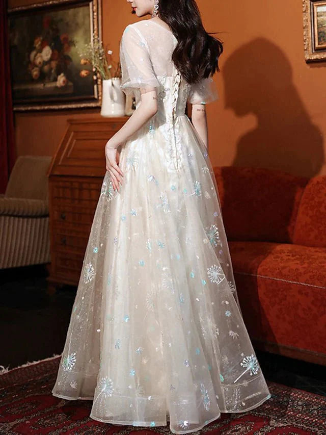 A-Line Bridesmaid Dress Jewel Neck Short Sleeve Elegant Floor Length Lace / Tulle with Appliques - RongMoon