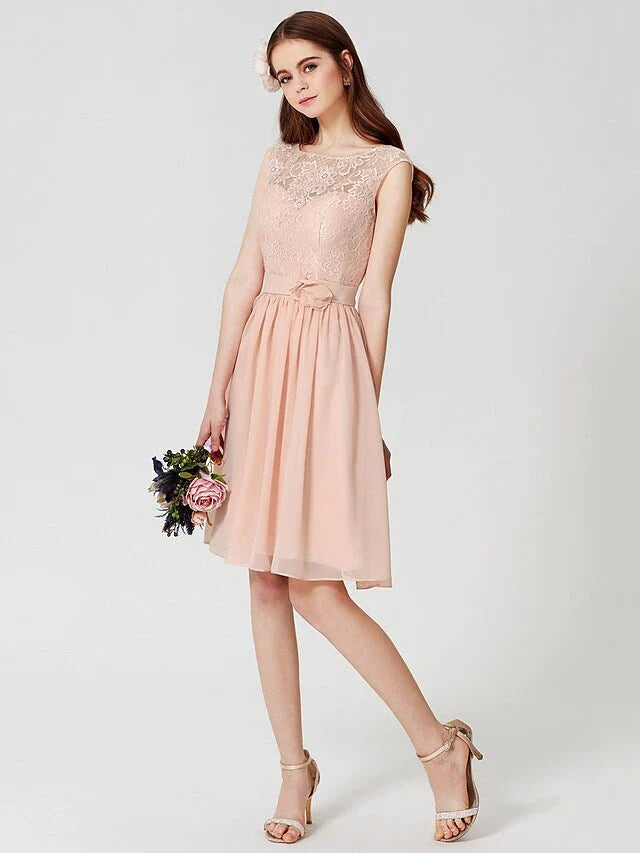 A-Line Bridesmaid Dress Jewel Neck Sleeveless Elegant Above Knee Chiffon / Lace with Pleats - RongMoon