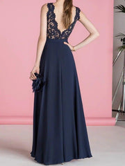 A-Line Bridesmaid Dress Jewel Neck Sleeveless Elegant Floor Length Chiffon / Lace with Appliques - RongMoon