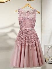 A-Line Bridesmaid Dress Jewel Neck Sleeveless Elegant Knee Length Lace / Tulle with Pleats / Appliques - RongMoon