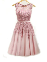 A-Line Bridesmaid Dress Jewel Neck Sleeveless Elegant Knee Length Lace / Tulle with Pleats / Appliques - RongMoon