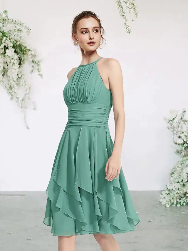 A-Line Bridesmaid Dress Jewel Neck Sleeveless Elegant Short / Mini Chiffon with Pleats / Cascading Ruffles - RongMoon