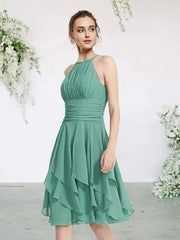 A-Line Bridesmaid Dress Jewel Neck Sleeveless Elegant Short / Mini Chiffon with Pleats / Cascading Ruffles - RongMoon