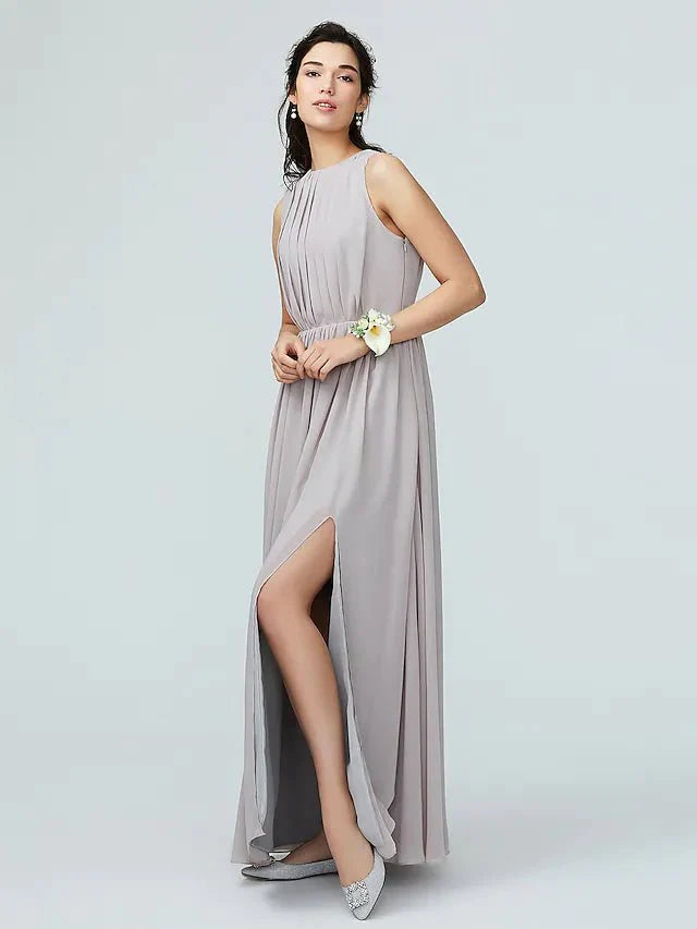 A-Line Bridesmaid Dress Jewel Neck Sleeveless Furcal Floor Length Chiffon with Pleats / Split Front - RongMoon