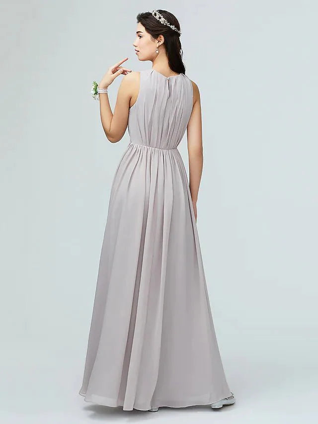 A-Line Bridesmaid Dress Jewel Neck Sleeveless Furcal Floor Length Chiffon with Pleats / Split Front - RongMoon