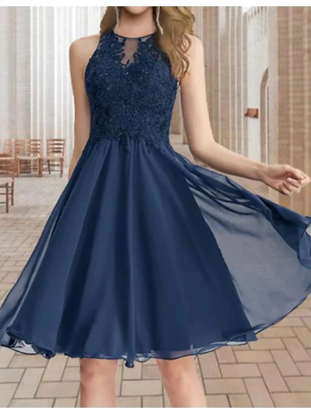 A-Line Bridesmaid Dress Jewel Neck Sleeveless Sexy Short / Mini Chiffon / Lace / Tulle with Pleats / Appliques - RongMoon
