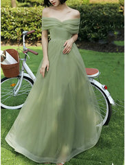 A-Line Bridesmaid Dress Off Shoulder Short Sleeve Elegant Floor Length Tulle with Ruching - RongMoon