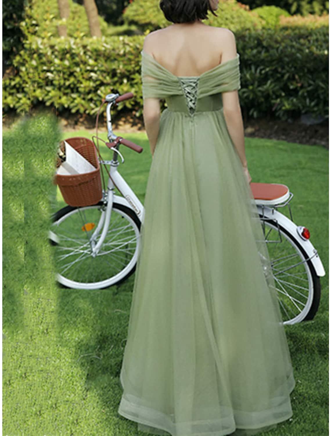 A-Line Bridesmaid Dress Off Shoulder Short Sleeve Elegant Floor Length Tulle with Ruching - RongMoon