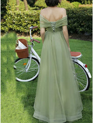 A-Line Bridesmaid Dress Off Shoulder Short Sleeve Elegant Floor Length Tulle with Ruching - RongMoon