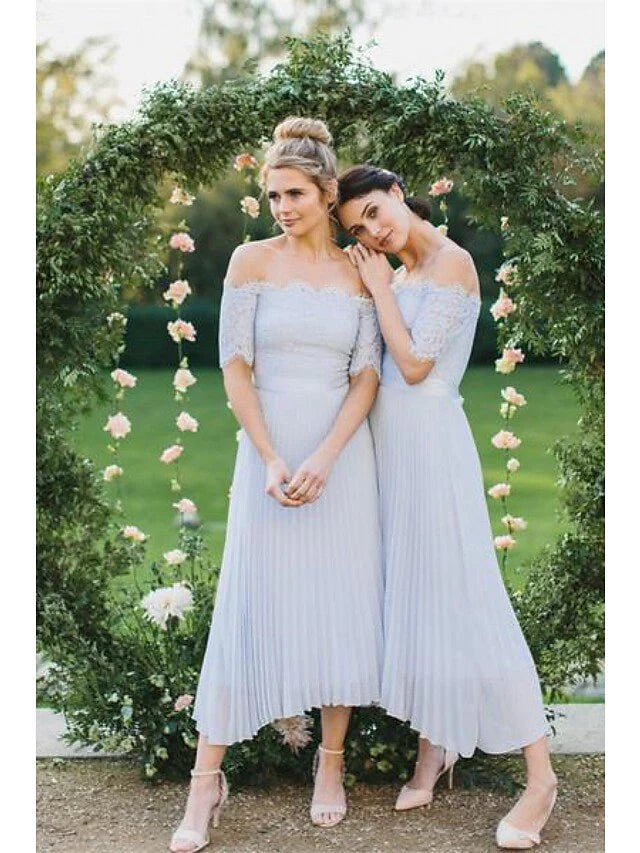 A-Line Bridesmaid Dress Off Shoulder Short Sleeve Elegant Tea Length Chiffon with Lace - RongMoon