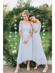 A-Line Bridesmaid Dress Off Shoulder Short Sleeve Elegant Tea Length Chiffon with Lace - RongMoon