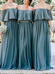 A-Line Bridesmaid Dress Off Shoulder Short Sleeve Sexy Floor Length Chiffon with Lace / Pleats - RongMoon