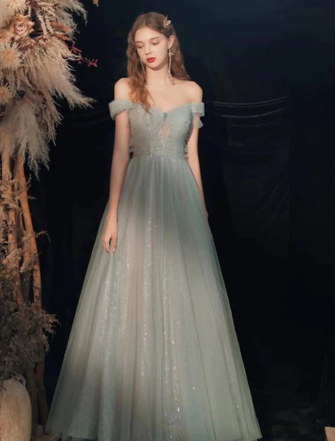 A-Line Bridesmaid Dress Off Shoulder Short Sleeve Sexy Floor Length Tulle with Pleats / Sequin - RongMoon