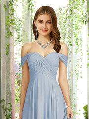A-Line Bridesmaid Dress Off Shoulder Sleeveless Elegant Floor Length Chiffon with Pleats - RongMoon