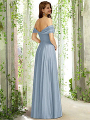 A-Line Bridesmaid Dress Off Shoulder Sleeveless Elegant Floor Length Chiffon with Pleats - RongMoon