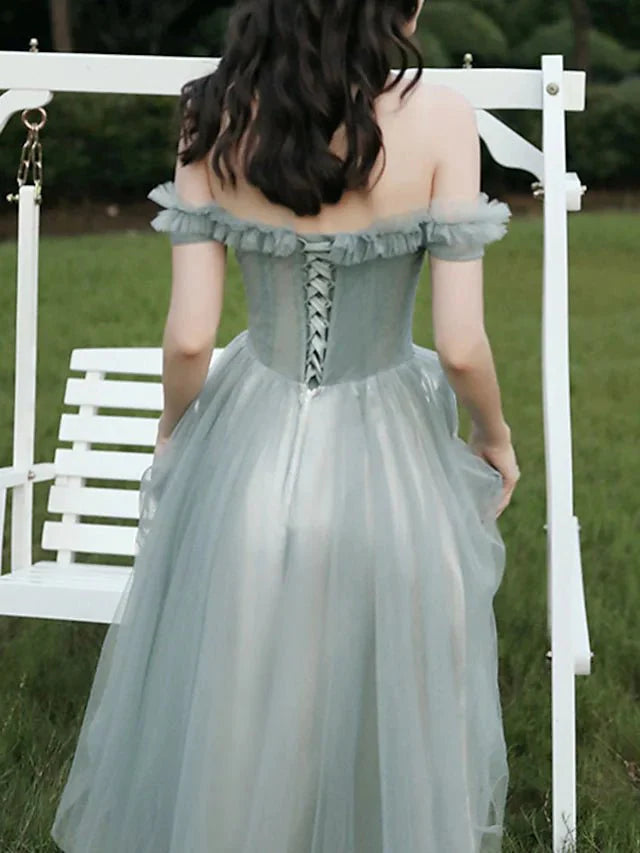 A-Line Bridesmaid Dress Off Shoulder Sleeveless Elegant Floor Length Lace / Tulle with Sequin / Appliques - RongMoon