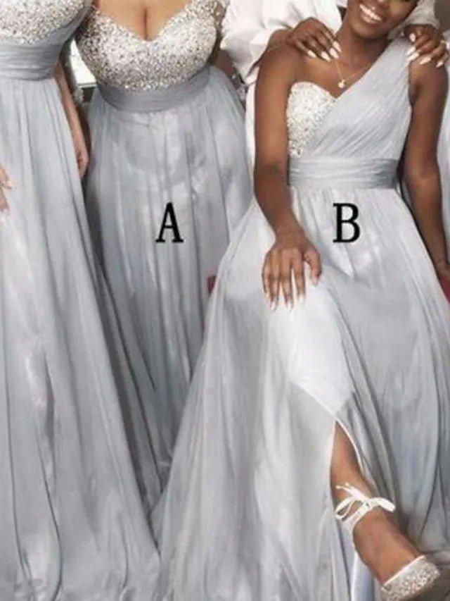 A-Line Bridesmaid Dress One Shoulder / Off Shoulder Sleeveless Elegant Sweep / Brush Train Tulle with Pleats / Crystals - RongMoon