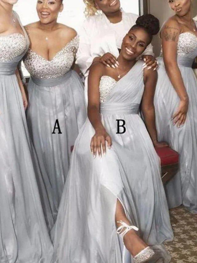 A-Line Bridesmaid Dress One Shoulder / Off Shoulder Sleeveless Elegant Sweep / Brush Train Tulle with Pleats / Crystals - RongMoon