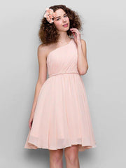 A-Line Bridesmaid Dress One Shoulder Sleeveless All Celebrity Styles Knee Length Chiffon with Side Draping - RongMoon