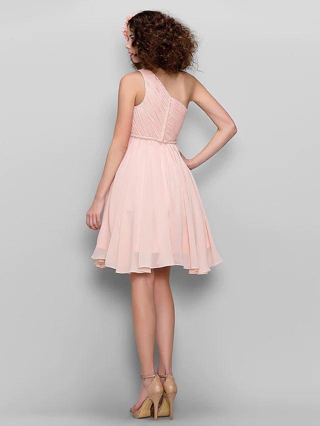 A-Line Bridesmaid Dress One Shoulder Sleeveless All Celebrity Styles Knee Length Chiffon with Side Draping - RongMoon
