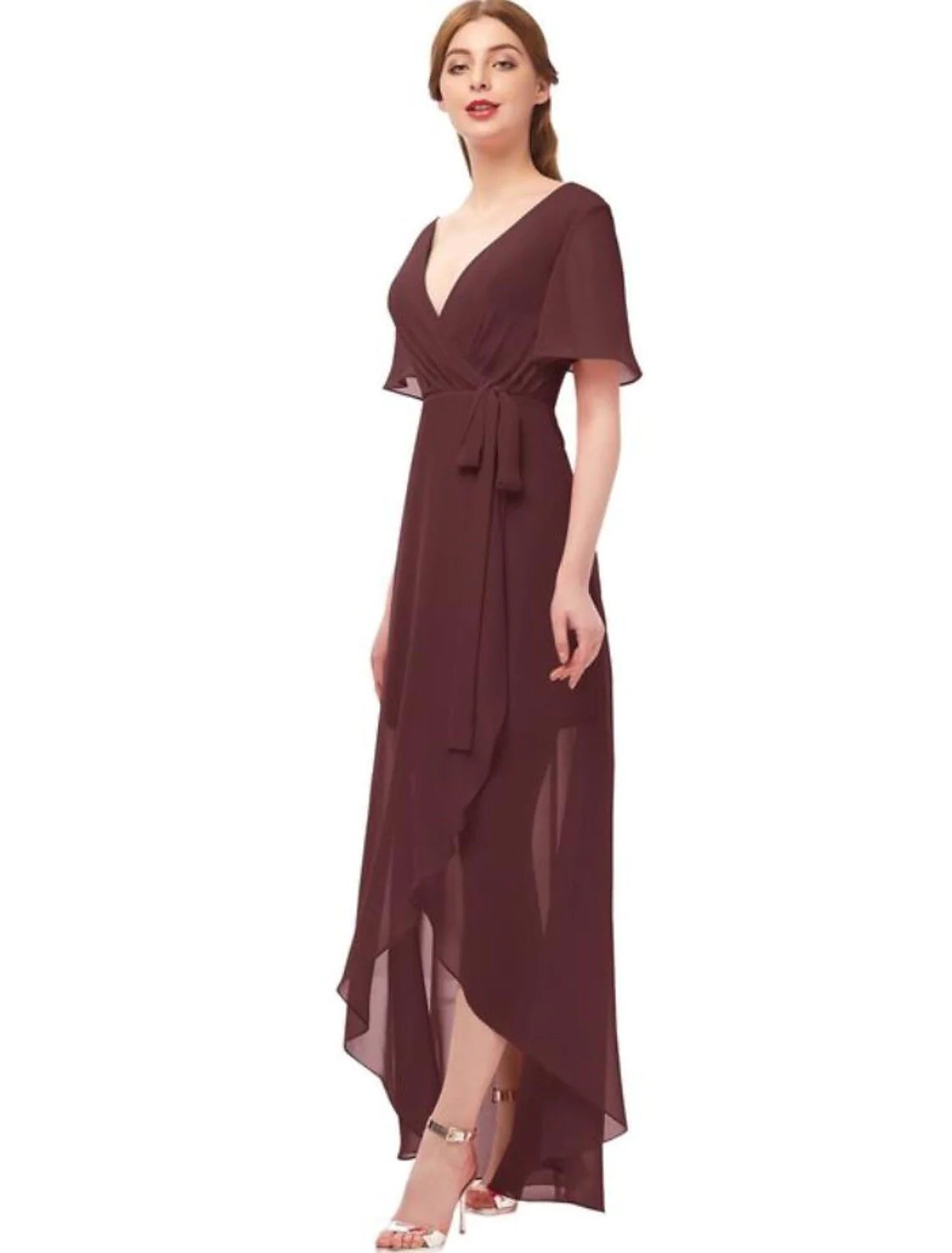 A-Line Bridesmaid Dress Plunging Neck Short Sleeve Elegant Asymmetrical Chiffon with Bow(s) / Ruching - RongMoon