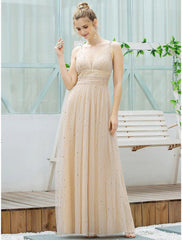 A-Line Bridesmaid Dress Plunging Neck Sleeveless Elegant Floor Length Tulle with Sequin - RongMoon