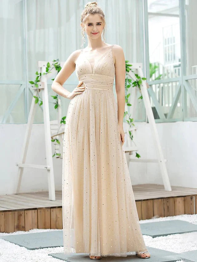 A-Line Bridesmaid Dress Plunging Neck Sleeveless Elegant Floor Length Tulle with Sequin - RongMoon