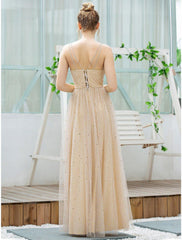 A-Line Bridesmaid Dress Plunging Neck Sleeveless Elegant Floor Length Tulle with Sequin - RongMoon