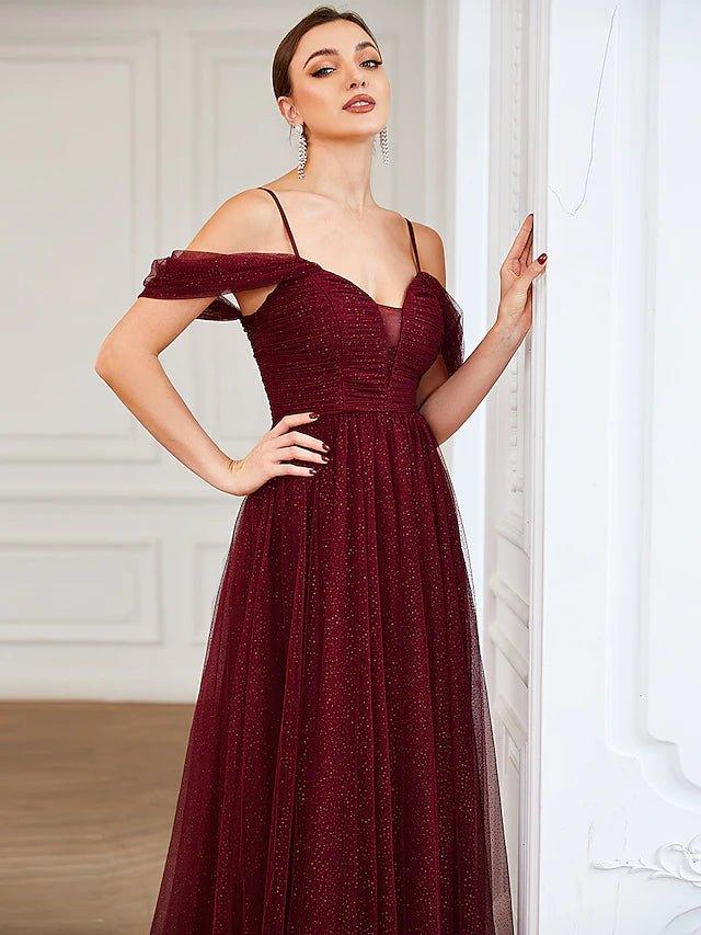 A-Line Bridesmaid Dress Spaghetti Strap / Off Shoulder Short Sleeve Elegant Floor Length Tulle with Draping / Ruching / Solid Color - RongMoon