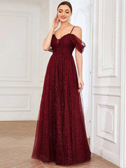 A-Line Bridesmaid Dress Spaghetti Strap / Off Shoulder Short Sleeve Elegant Floor Length Tulle with Draping / Ruching / Solid Color - RongMoon