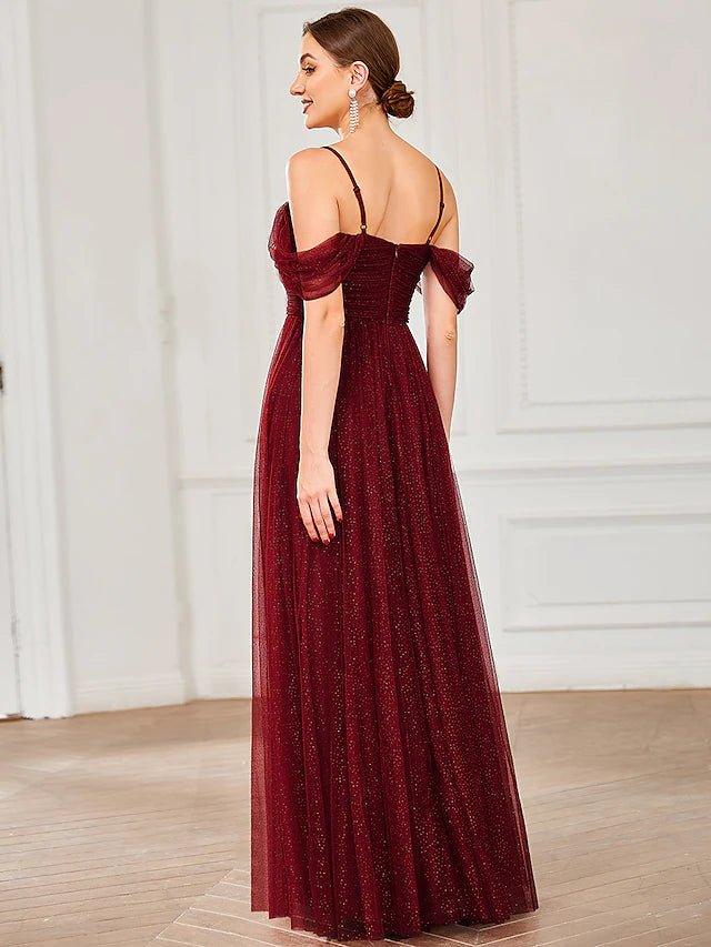 A-Line Bridesmaid Dress Spaghetti Strap / Off Shoulder Short Sleeve Elegant Floor Length Tulle with Draping / Ruching / Solid Color - RongMoon
