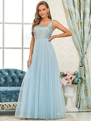 A-Line Bridesmaid Dress Spaghetti Strap Sleeveless Elegant Floor Length Tulle / Sequined with Sequin - RongMoon