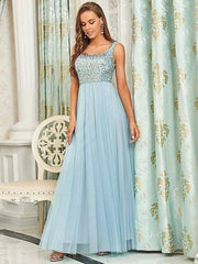 A-Line Bridesmaid Dress Spaghetti Strap Sleeveless Elegant Floor Length Tulle / Sequined with Sequin - RongMoon