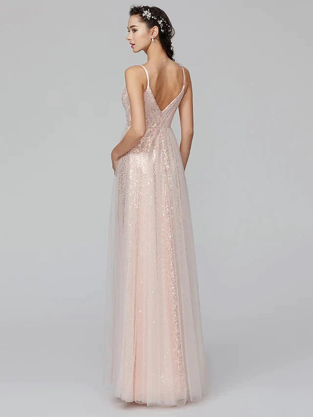 A-Line Bridesmaid Dress Spaghetti Strap Sleeveless Floor Length Tulle / Sequined with Pleats / Sequin - RongMoon