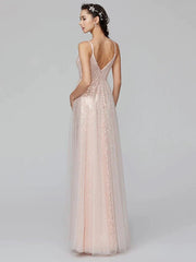 A-Line Bridesmaid Dress Spaghetti Strap Sleeveless Floor Length Tulle / Sequined with Pleats / Sequin - RongMoon