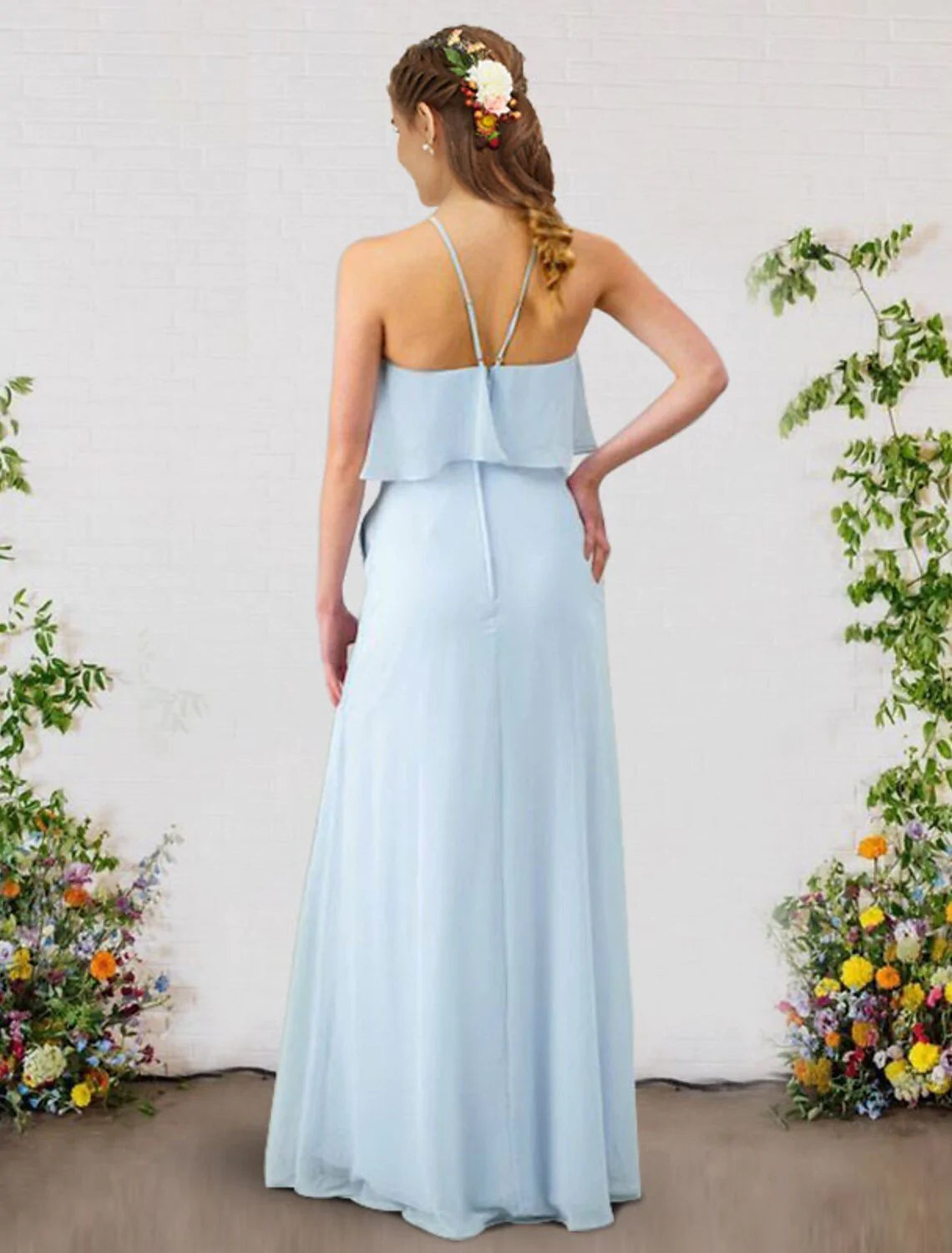 A-Line Bridesmaid Dress Spaghetti Strap Sleeveless Sexy Floor Length Chiffon with Ruffles - RongMoon