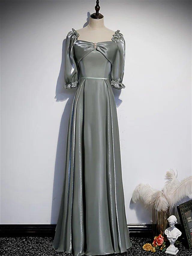 A-Line Bridesmaid Dress Square Neck Half Sleeve Elegant Floor Length Satin with Bow(s) / Beading - RongMoon