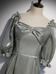 A-Line Bridesmaid Dress Square Neck Half Sleeve Elegant Floor Length Satin with Bow(s) / Beading - RongMoon