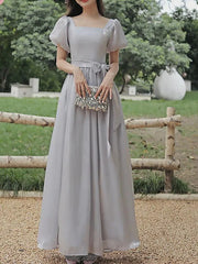 A-Line Bridesmaid Dress Square Neck Short Sleeve Elegant Ankle Length Organza with Bow(s) - RongMoon