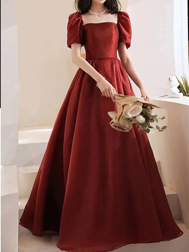 A-Line Bridesmaid Dress Square Neck Short Sleeve Elegant Floor Length Satin with Pleats - RongMoon
