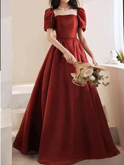 A-Line Bridesmaid Dress Square Neck Short Sleeve Elegant Floor Length Satin with Pleats - RongMoon