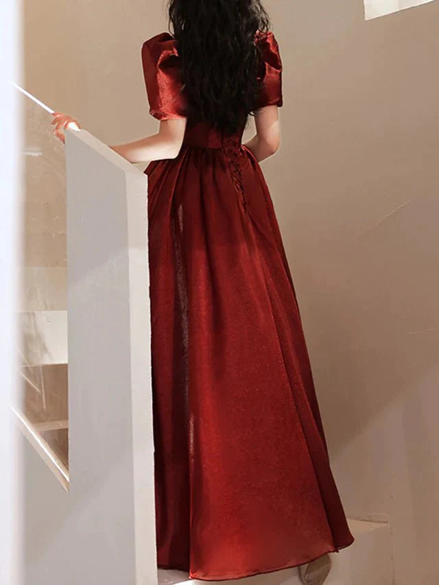 A-Line Bridesmaid Dress Square Neck Short Sleeve Elegant Floor Length Satin with Pleats - RongMoon