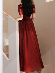 A-Line Bridesmaid Dress Square Neck Short Sleeve Elegant Floor Length Satin with Pleats - RongMoon