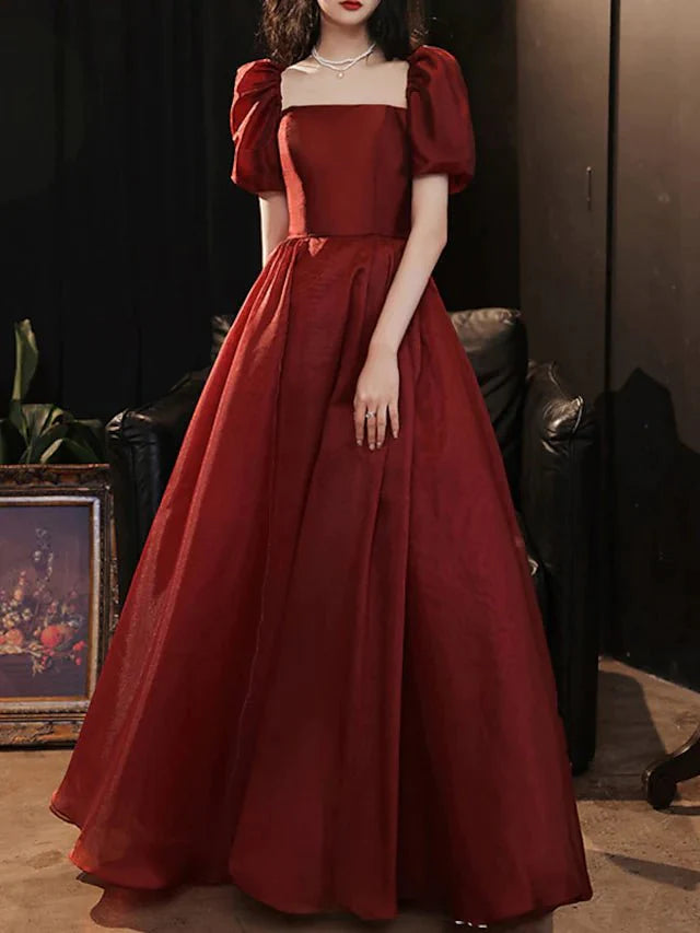 A-Line Bridesmaid Dress Square Neck Short Sleeve Elegant Floor Length Satin with Pleats - RongMoon