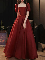 A-Line Bridesmaid Dress Square Neck Short Sleeve Elegant Floor Length Satin with Pleats - RongMoon
